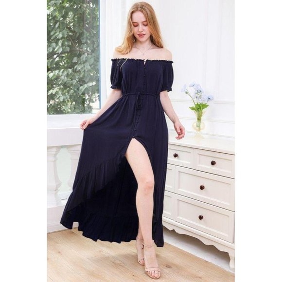 Off the Shoulder Button Down Navy Maxi Dress - Picture 2 of 3